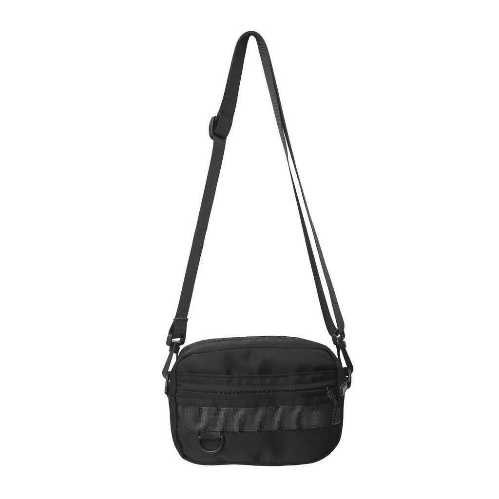 Men's black nylon messenger bag with sewing thread details measuring 22cm length for daily crossbody wear