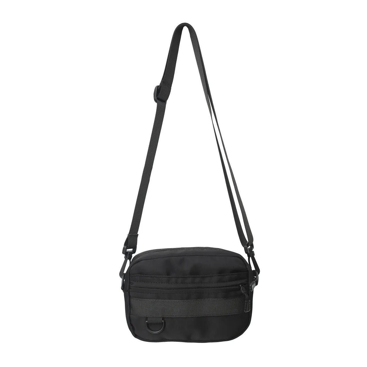 Men's black nylon messenger bag with sewing thread details measuring 22cm length for daily crossbody wear