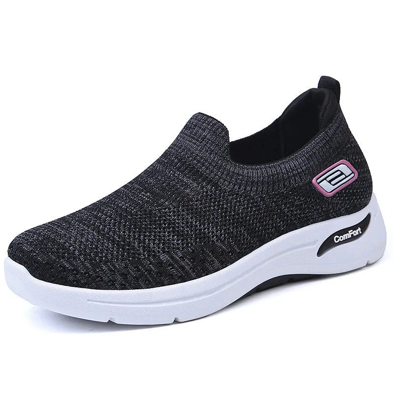 Women's casual soft bottom socks sneakers in solid colour, low top mesh upper with front lace-up, flat heel