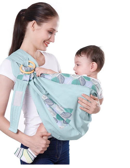 Adjustable baby wrap carrier sling in blue-green cotton and mesh with back support for 0-36 months up to 50kg
