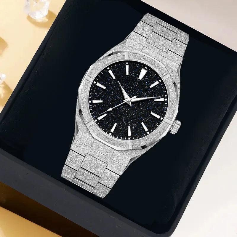 Men's frosted stainless steel business watch with luminous markers on black strap.