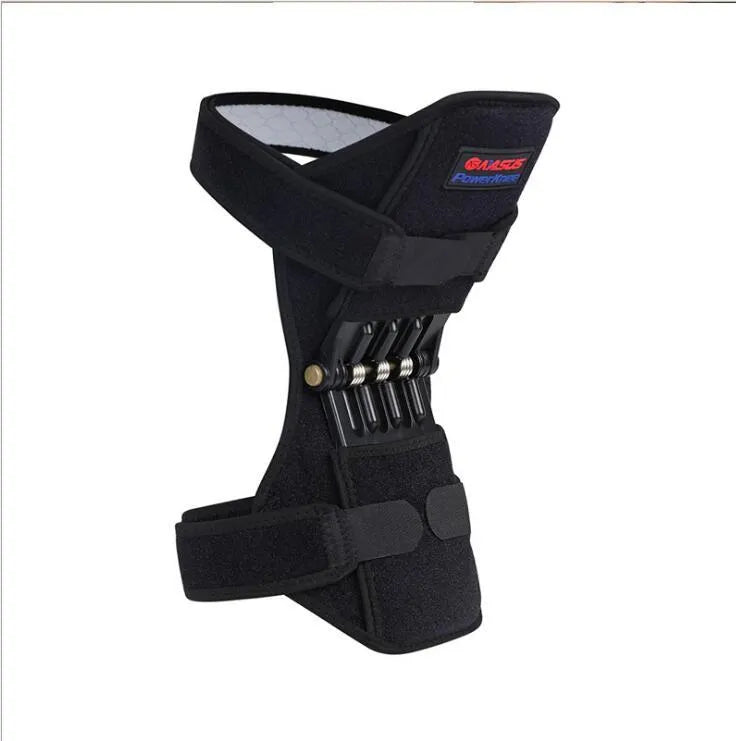 Black spring knee brace with adjustable straps on a grey background