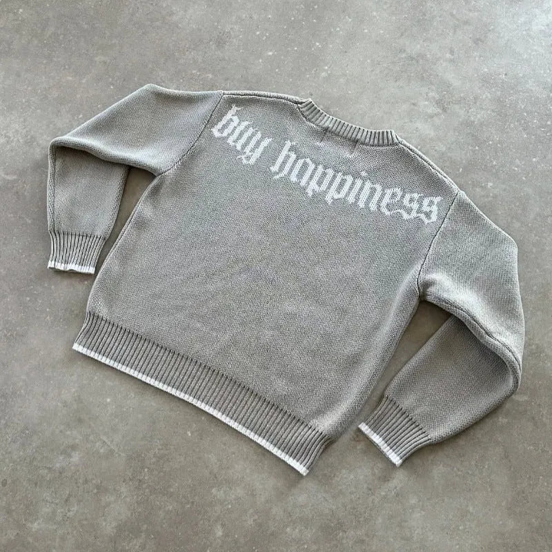 Grey jacquard knitwear coat with loose fitting design and long sleeves
