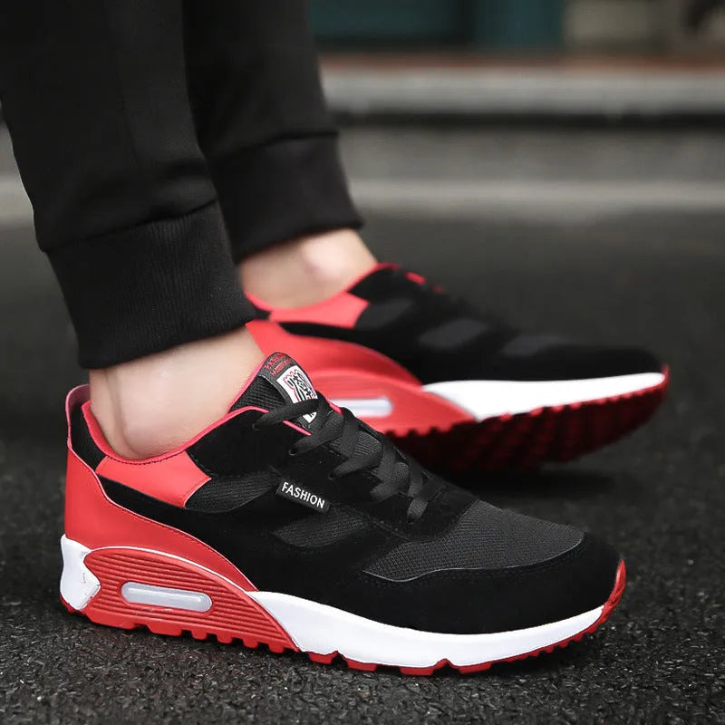 Men's thick-soled cushioned running shoes with breathable colourblock upper and rubber sole