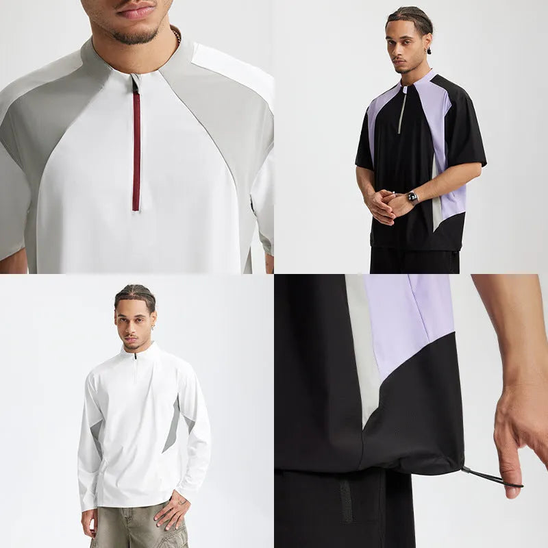 Men's stitching lightweight shirt in polyester fabric showing long sleeve and short sleeve options in black and beige colours