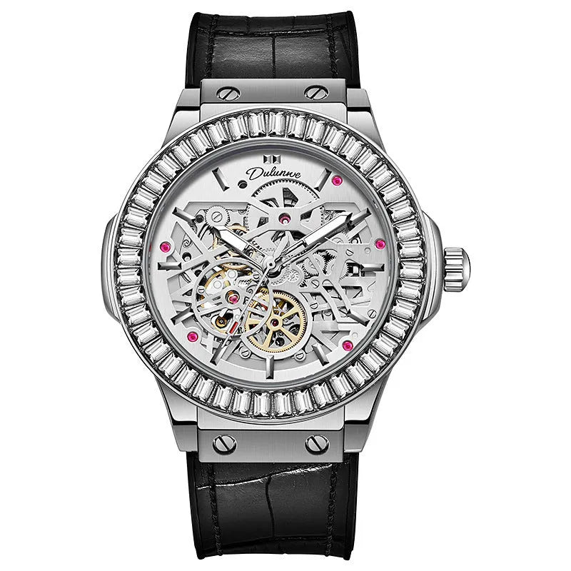Men's automatic mechanical watch with diamond studded case and hollow movement visible