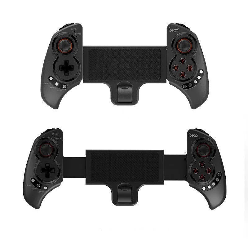 PG-9023 wireless telescopic game controller extended with a phone inside, showing buttons and USB port.