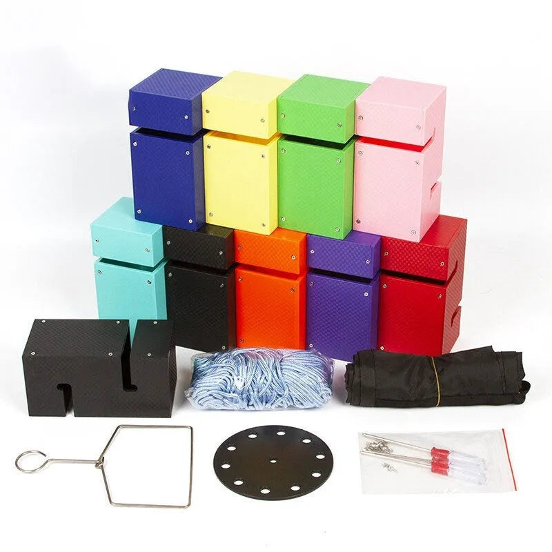 Set of coloured ABS plastic blocks, ropes, and a frame for outdoor group building games and team challenges.