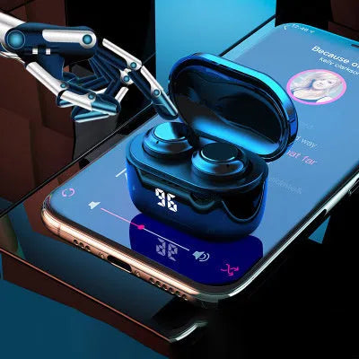Black stereo Bluetooth wireless headset with earplug design showing power display