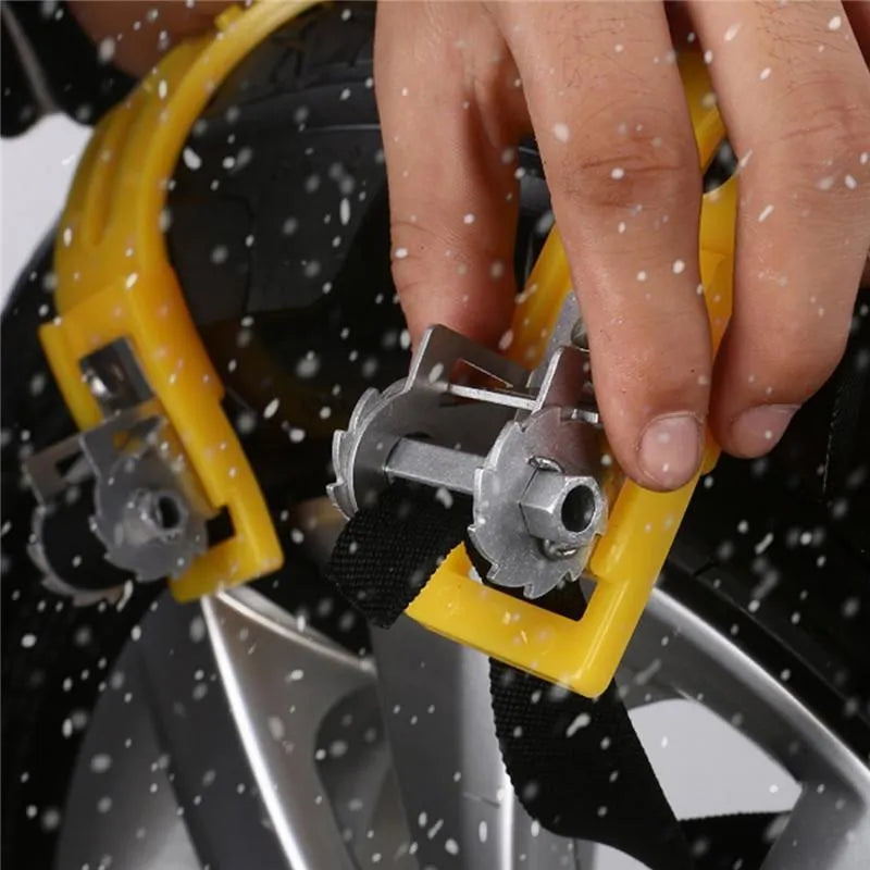 Three yellow snow tyre chains made of TPU and stainless steel, designed for car tyres 165mm to 265mm width, winter driving