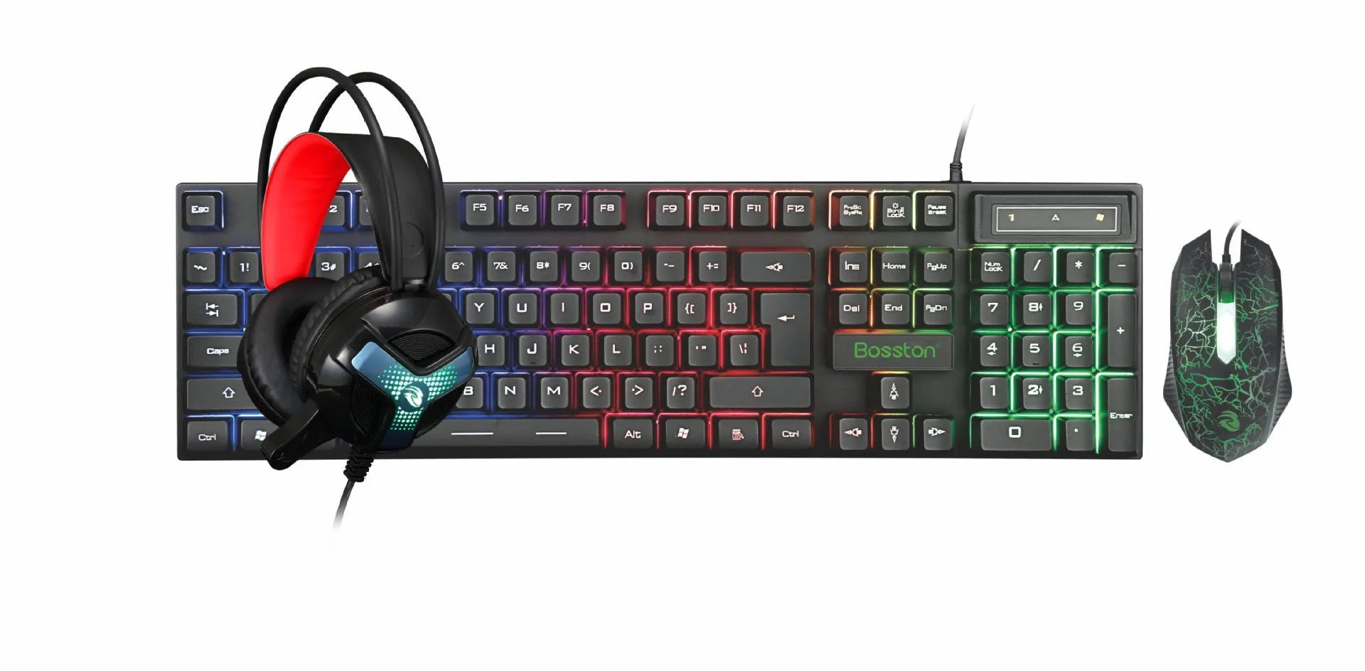 Wired gaming keyboard and mouse set with RGB lighting, headset, and large mouse pad