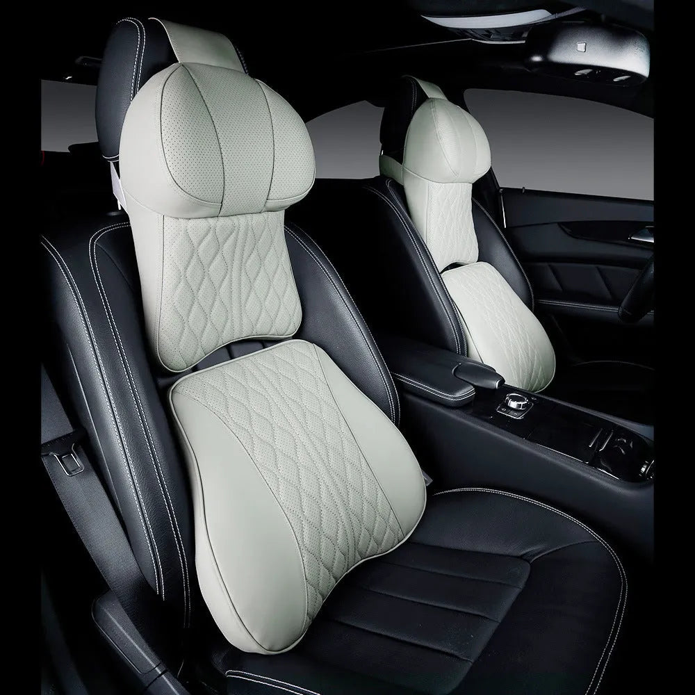 Car neck pillow and matching lumbar support cushion with embroidered wavy pattern in beige colour