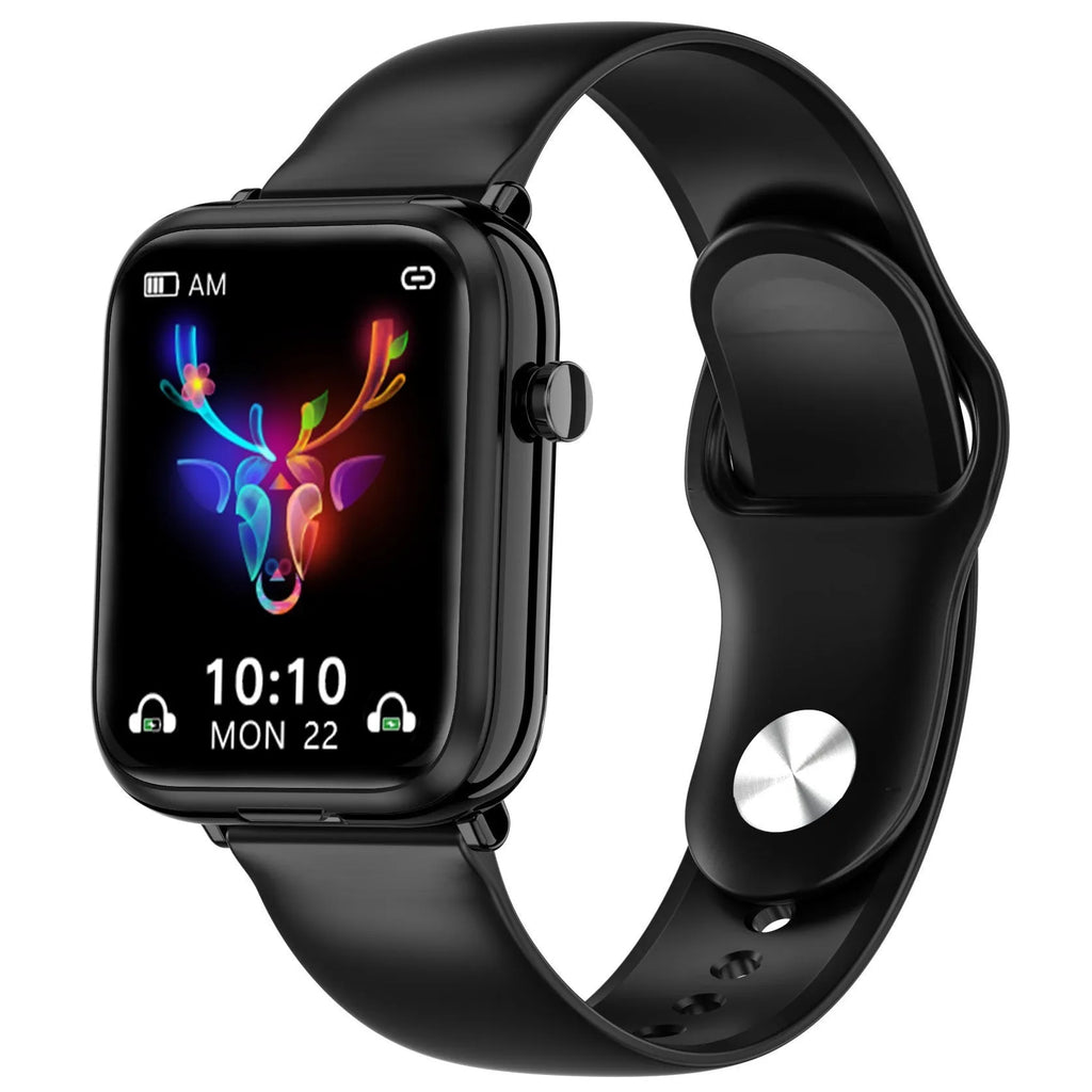 Black all-touch smartwatch with integrated Bluetooth headset charging case, showing 1.69-inch screen.