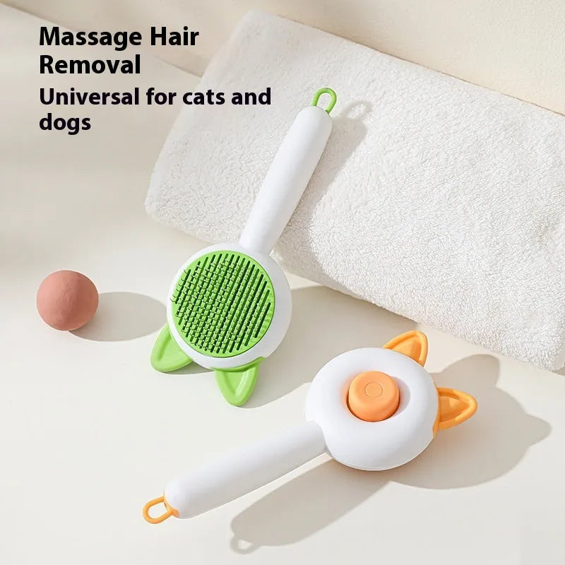 Self-cleaning pet grooming brush with stainless steel teeth and TPR massage nodes in greenish white colour.