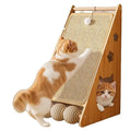 Vertical wall-mounted cat scratch board with hemp rope wrapping and teasing ball design