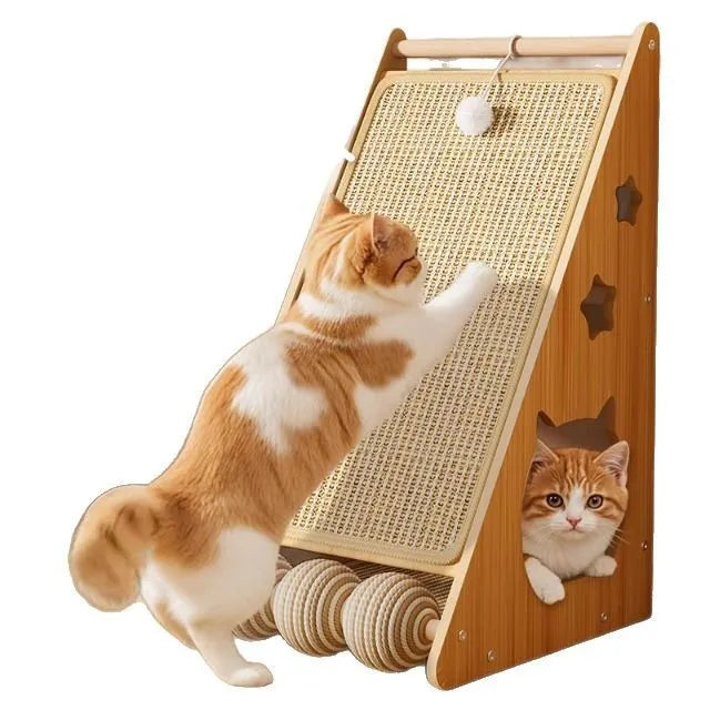 Vertical wall-mounted cat scratch board with hemp rope wrapping and teasing ball design