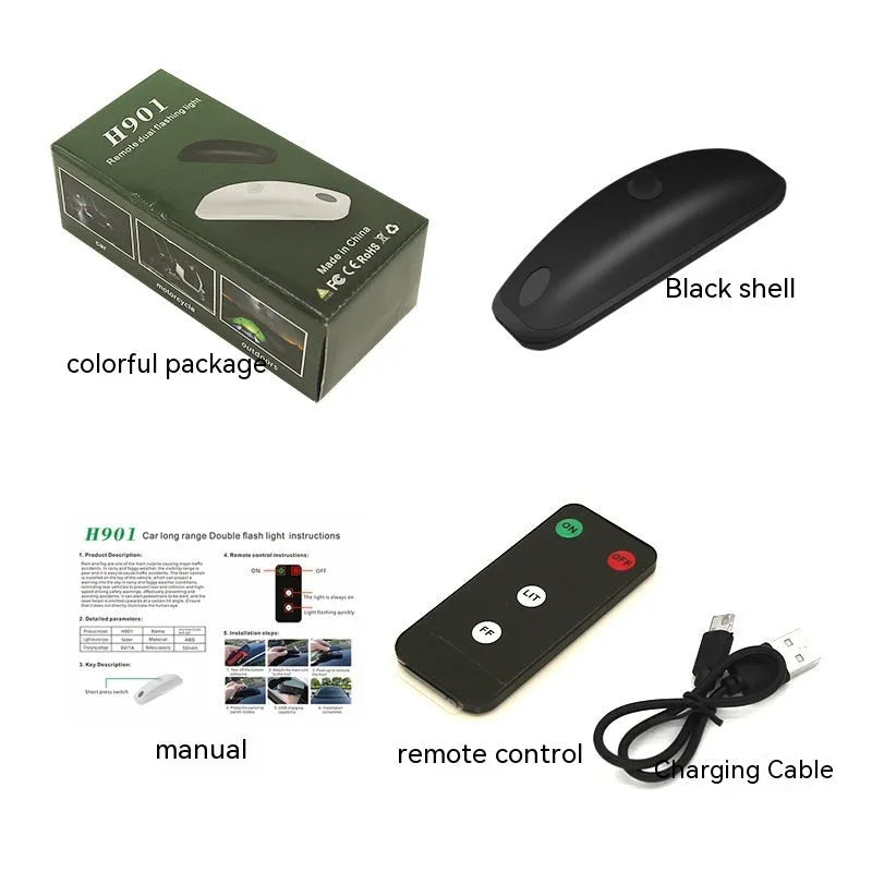 Remote control car anti-collision strobe light with USB cable in black or white ABS housing.