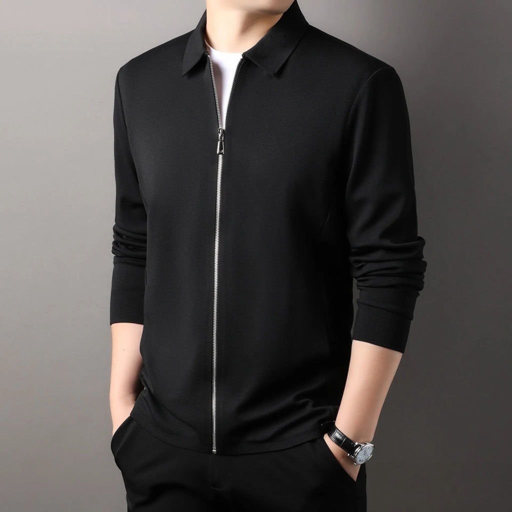 Men's polyester jacket in black, dark grey or apricot with long sleeves and straight hem.