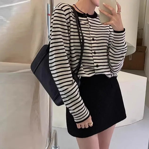 Women's dark grey and white striped French style cardigan coat with slim fit and 40cm length
