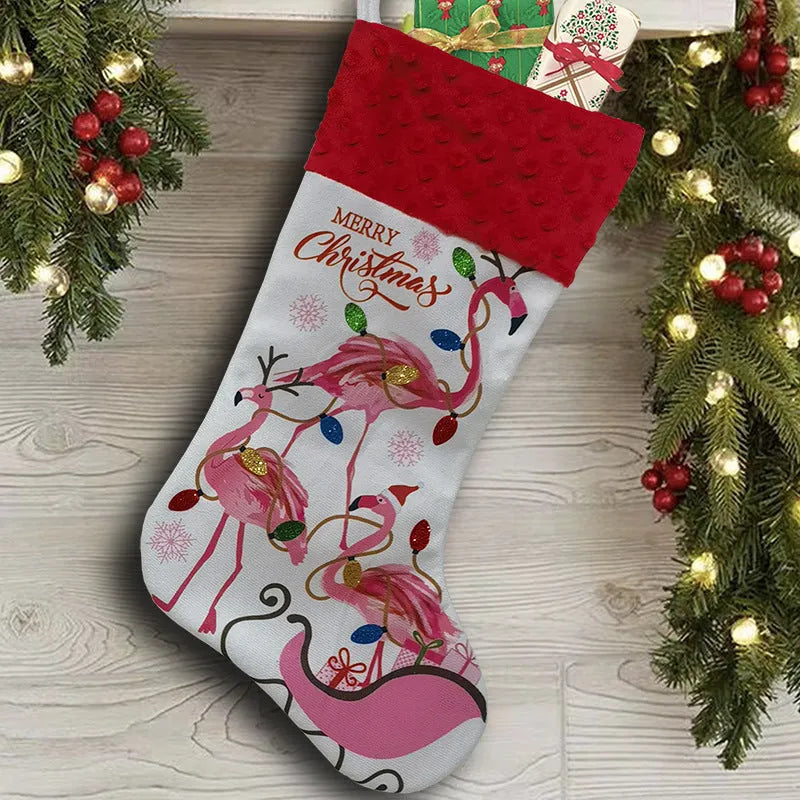 Flamingo Christmas stocking holiday decoration measuring 46cm by 28cm in cloth