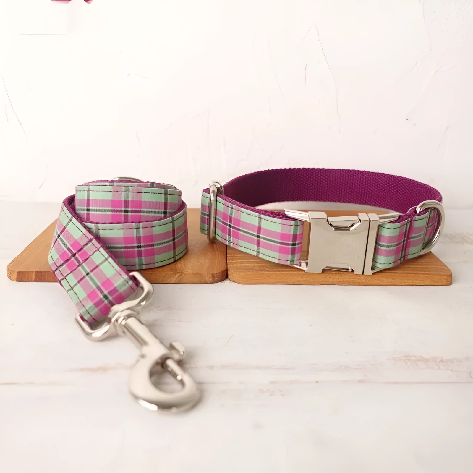 Mint Zigezi tear-resistant polyester dog collar and leash set on a light background