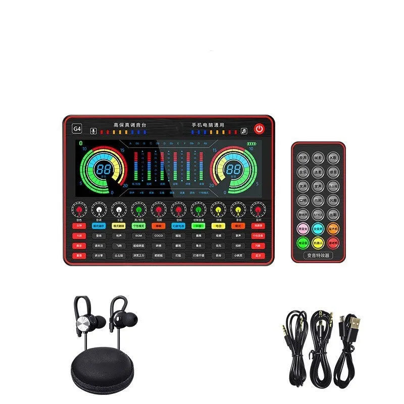 G4 professional singing sound card mixer with LCD screen, control knobs, and included microphone and cables.