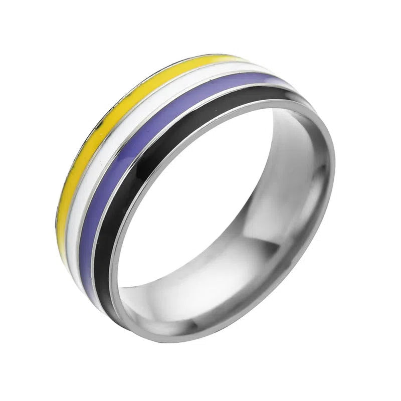 Bisexual pride stainless steel geometric ring in style 1, silver finish, size 10, unisex alternative design