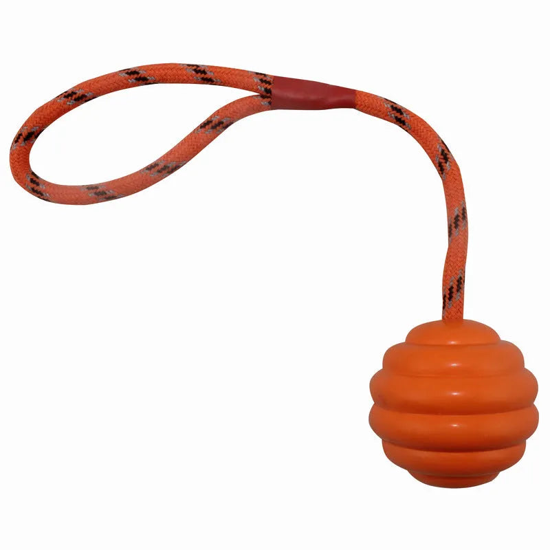 6x30cm rubber dog toy ball with rope knot in multi-colour options for chewing and training
