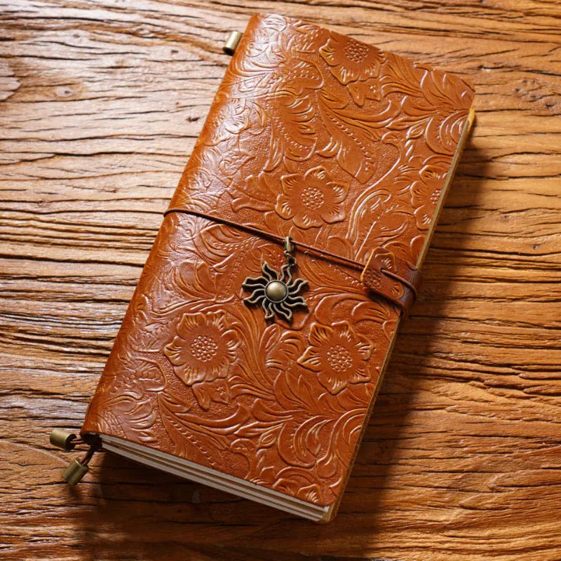 Creative vintage engraving cowhide travel notepad in black A5 size with genuine leather cover