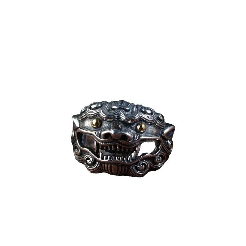 Personalised Jibeast pattern open style silver diamond ring on a hand.