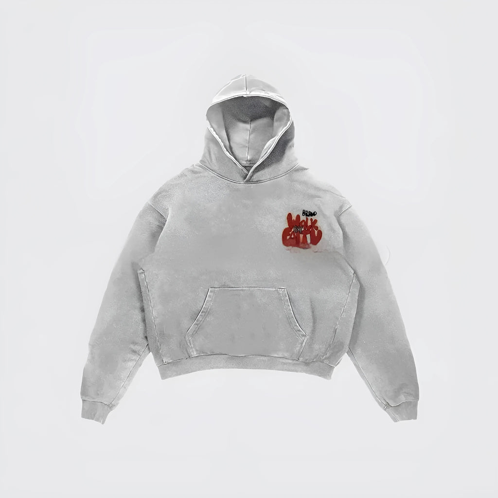 Granny grey women's hoodie with vintage letter print design, long sleeves, and a front pocket.
