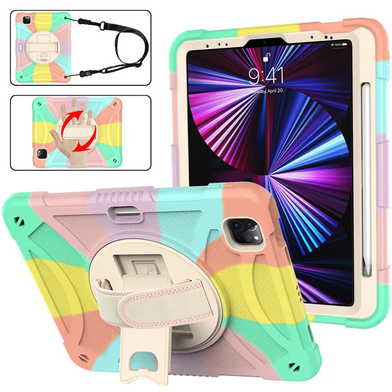 iPad silicone protective case with a rotating bracket strap in rose gold colour