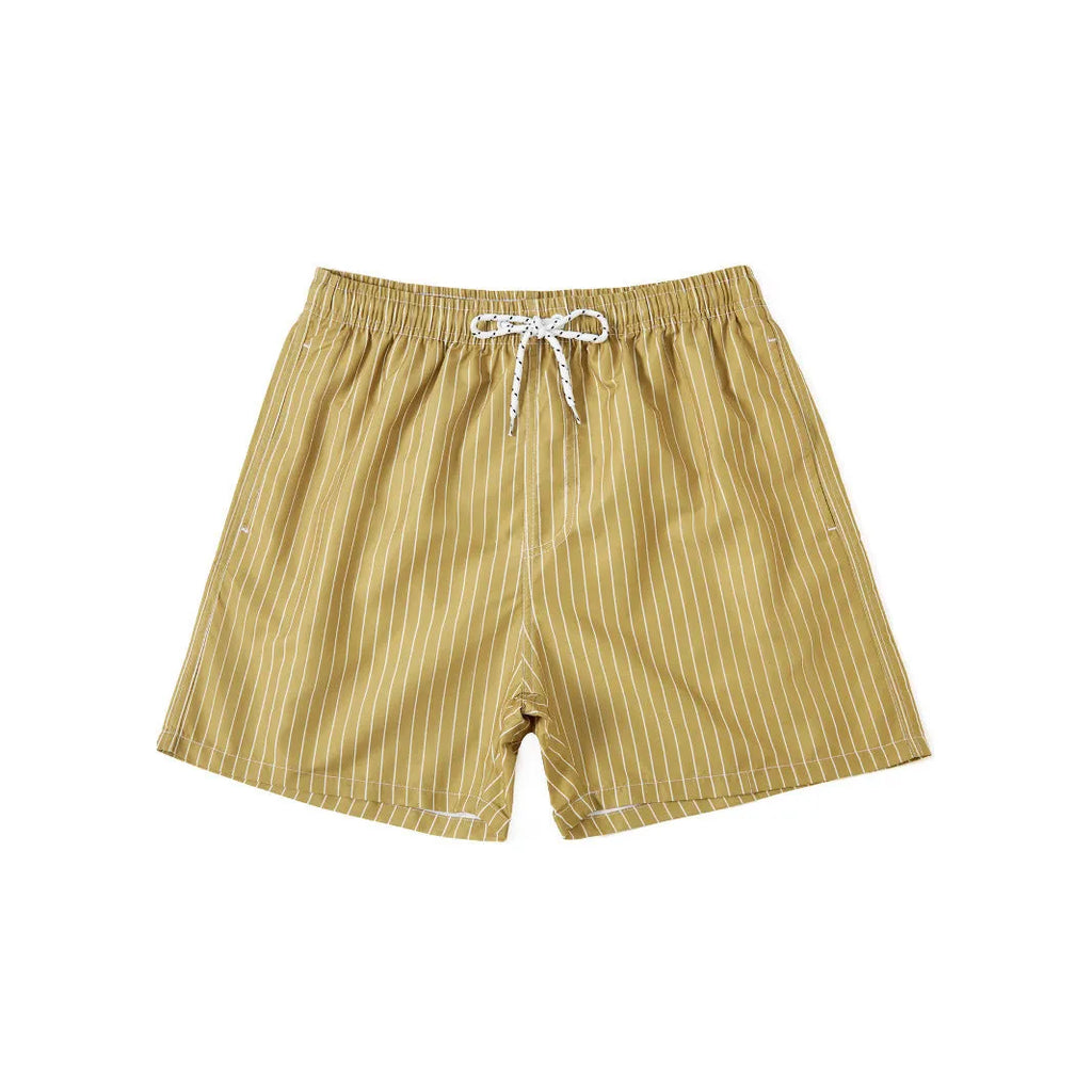 Polyester fibre striped beach shorts in navy blue with straight leg opening