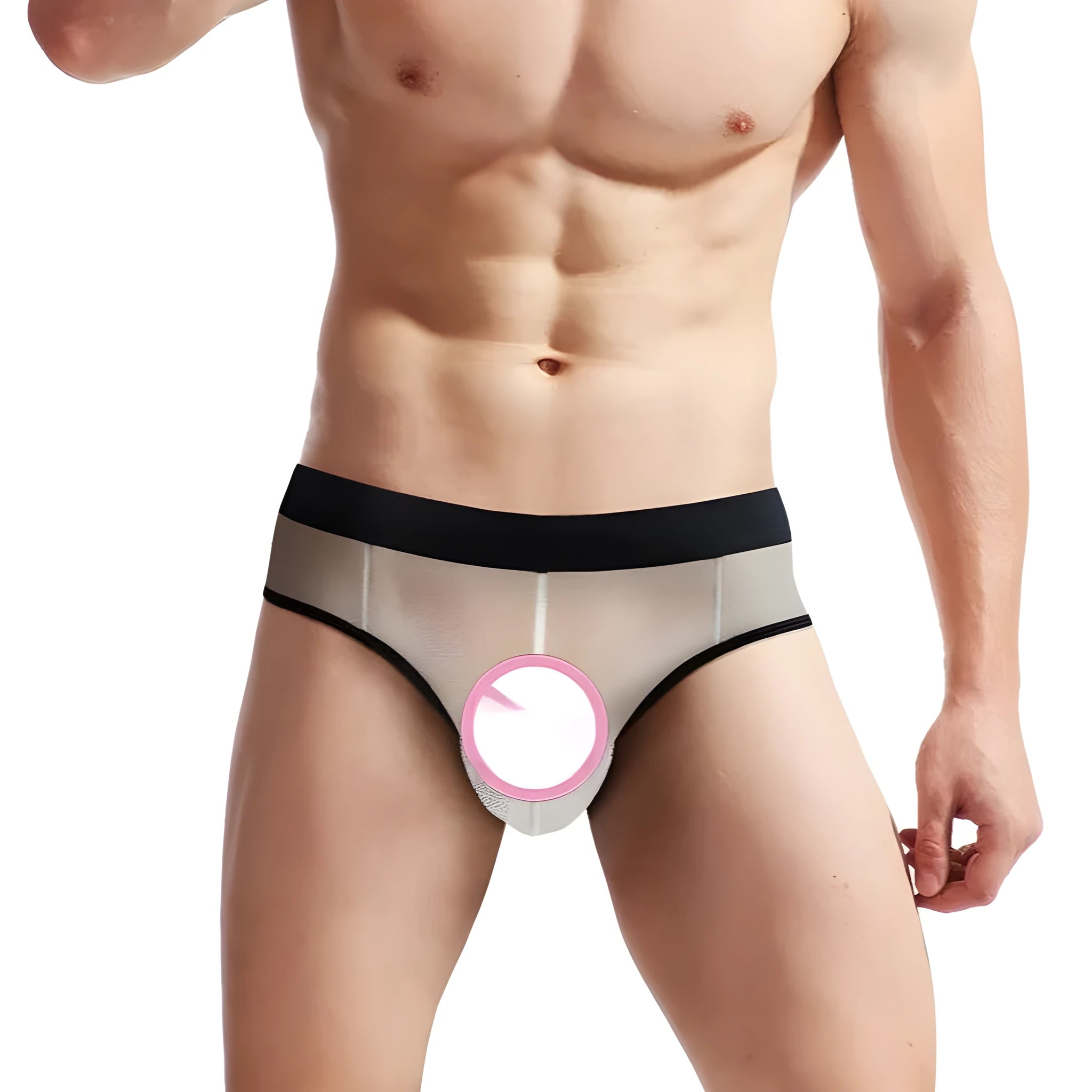 Men's mesh back rubber band triangle shorts in black with stretch waist, free size nylon athletic swim bottoms