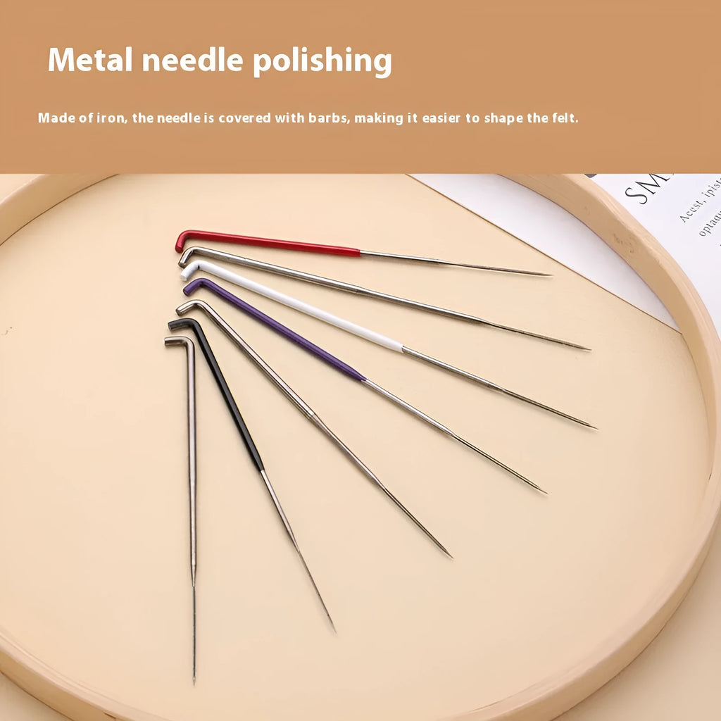 Wool felt stamp pin handicraft tool with multiple needle thickness options including thick, thin, and star needles.