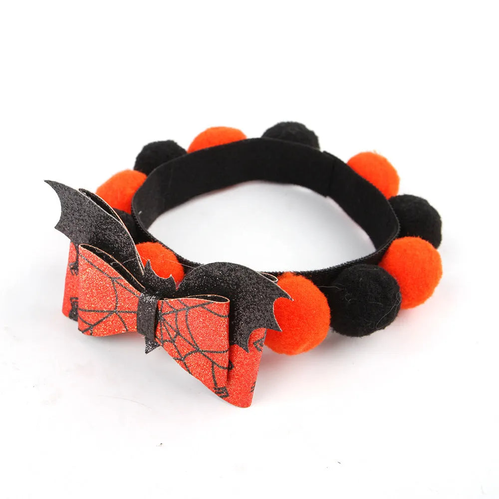 Halloween pet collar with fur ball decoration in pumpkin design available in S, M, L sizes
