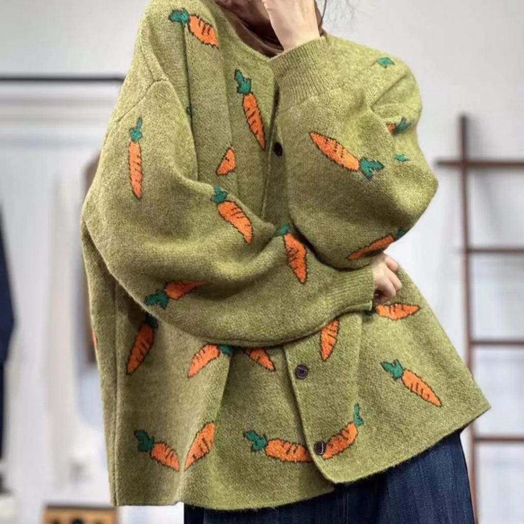 Mori artistic printing cardigan sweater with colour contrast design in loose casual fit