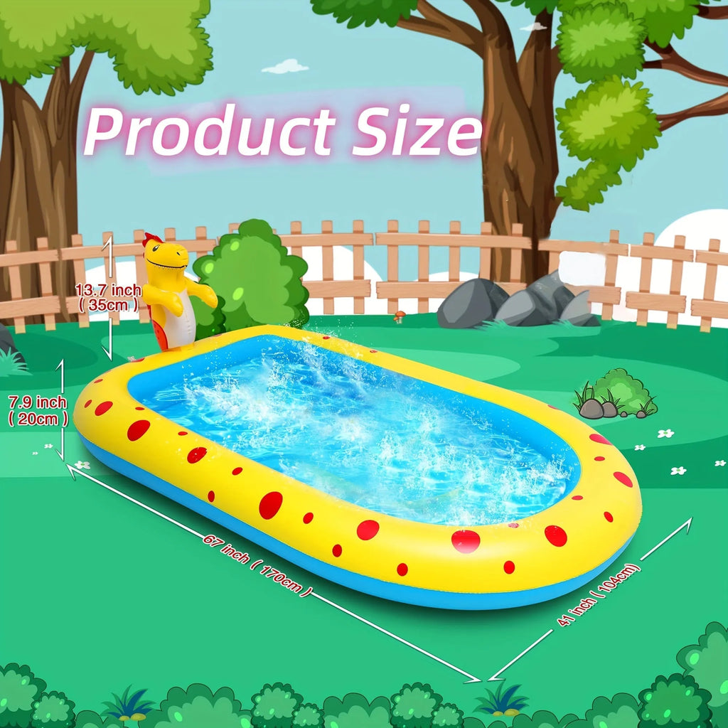 Blue dinosaur-themed inflatable water spray pool measuring 170 cm long for kids and pets