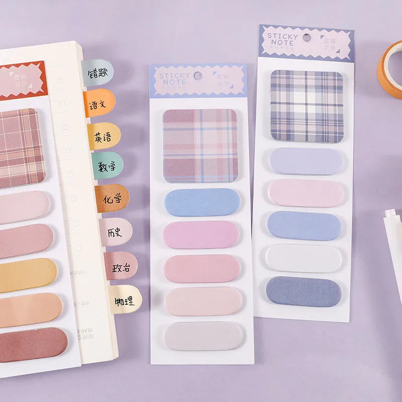 Colourful memo pad sticky notes set showing six plaid designs with 67mm x 200mm sizing