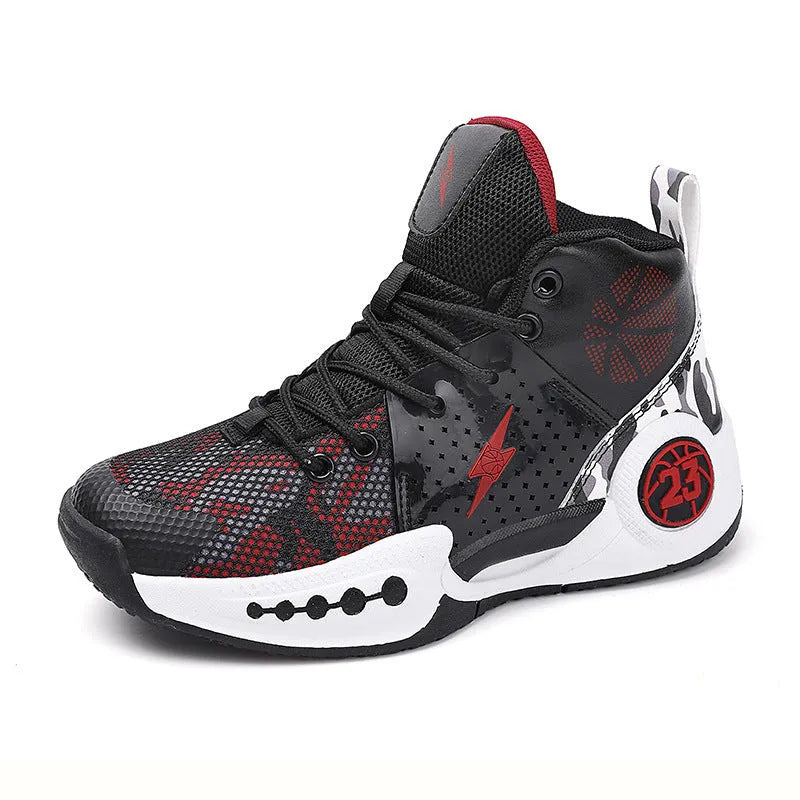 Children's mesh non-slip basketball shoes 8809 Black Red White with rubber sole and lace-up fastening