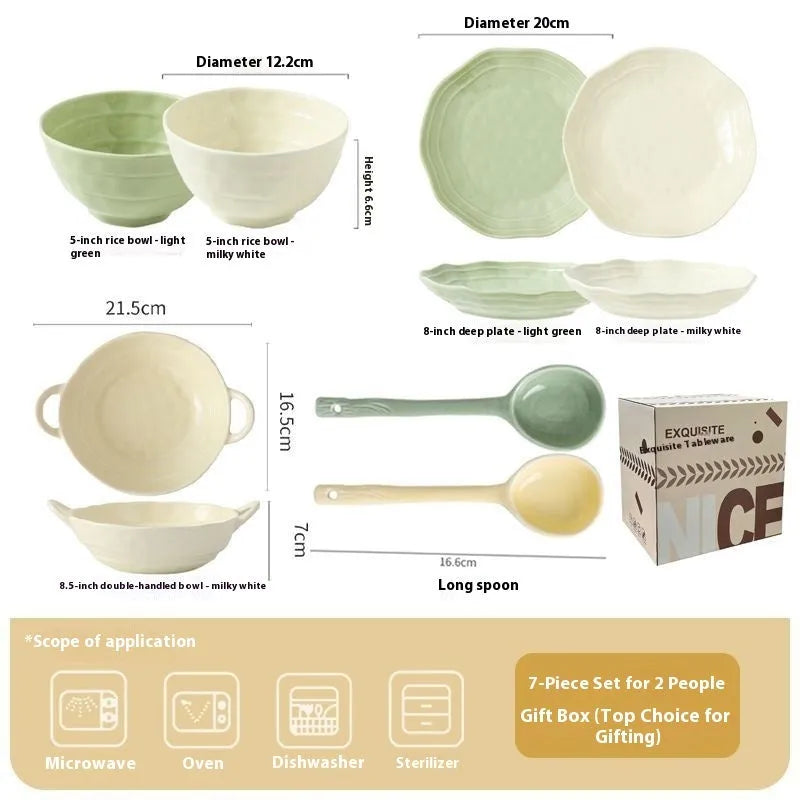 Seven-piece solid colour ceramic tableware set in a gift box, modern simple design.