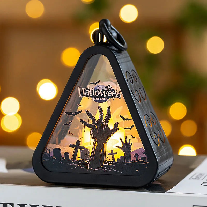 Halloween decoration set with pumpkin lamp, castle, witch and ghost hand props on display