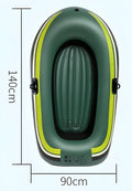 Small green PVC inflatable boat for fishing and rafting, 2-person capacity, 100kg load, multiple air chambers