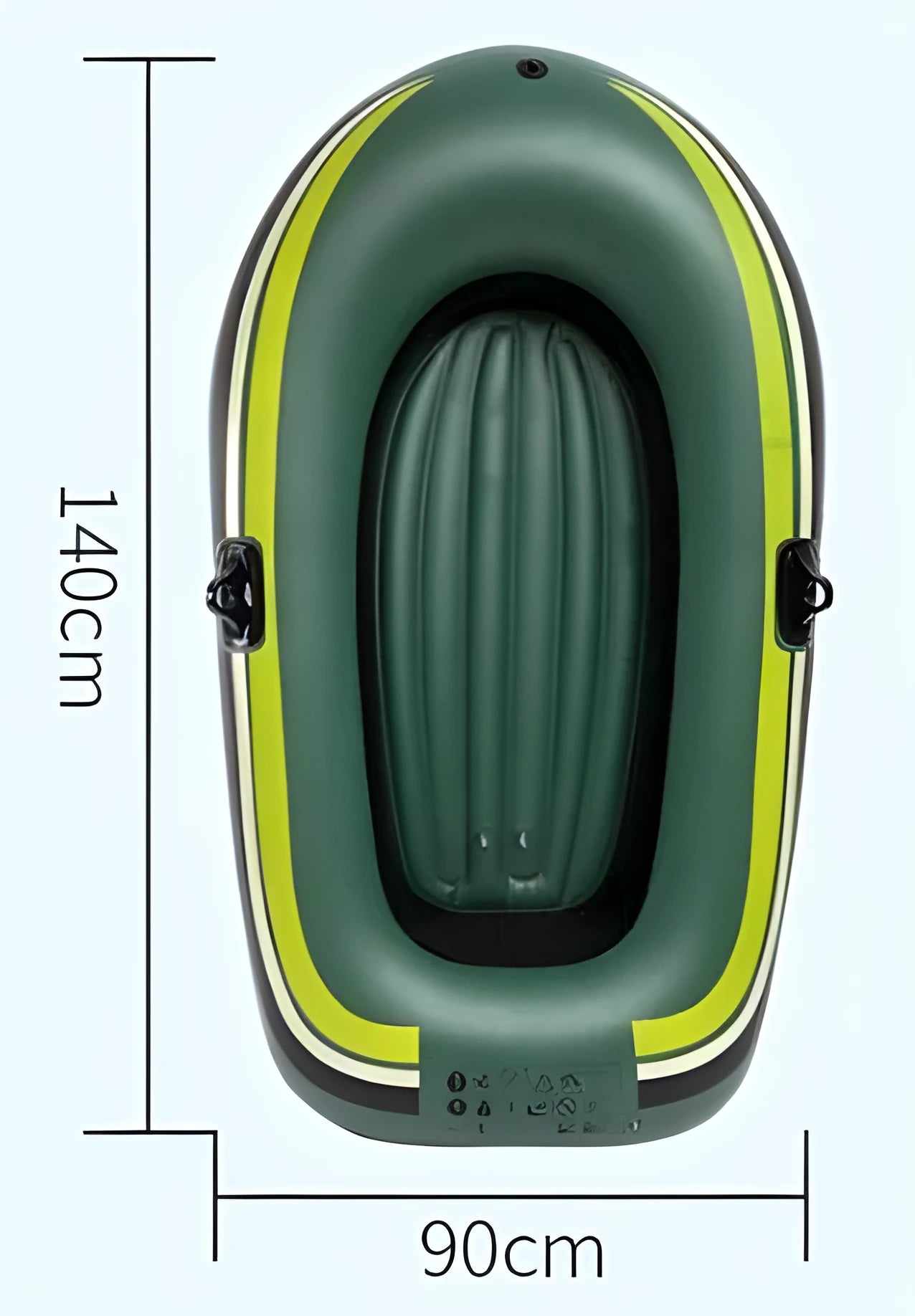 Small green PVC inflatable boat for fishing and rafting, 2-person capacity, 100kg load, multiple air chambers