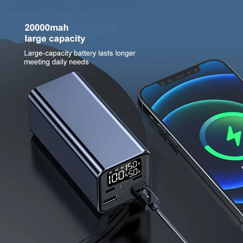 65W metal power bank in black, blue, or grey, showing size scale and USB-C port.