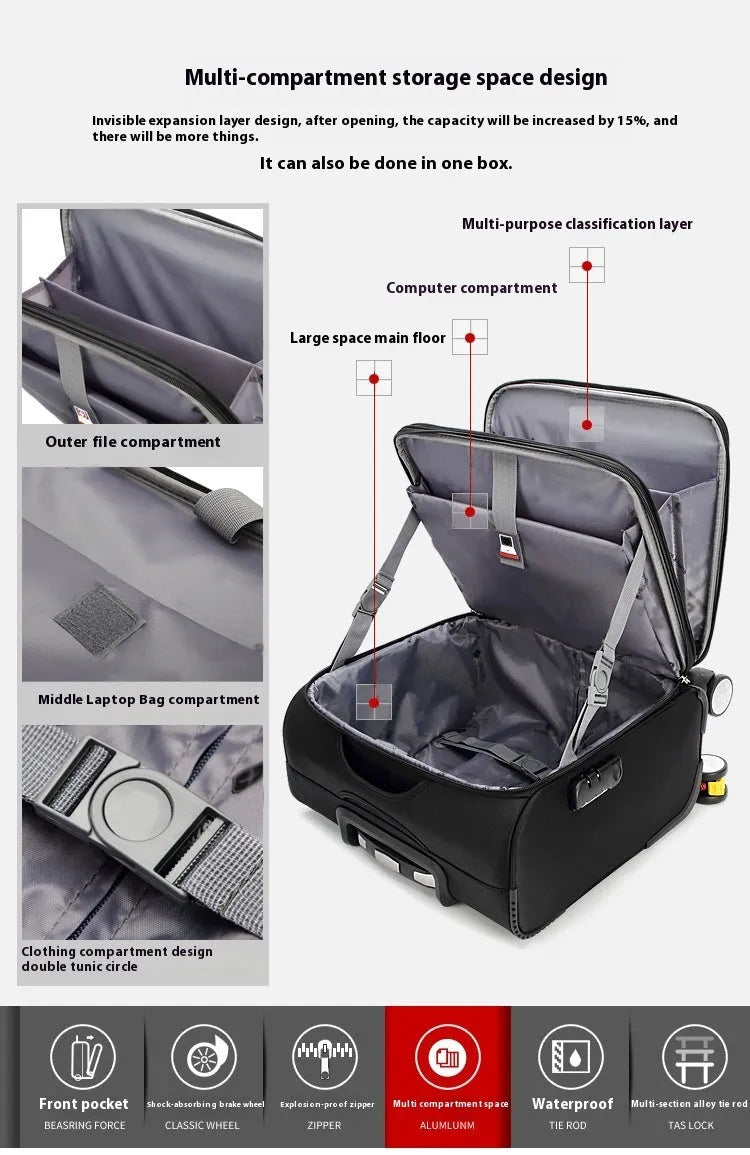 Black 18-inch Oxford cloth business luggage with universal wheels and telescopic handle