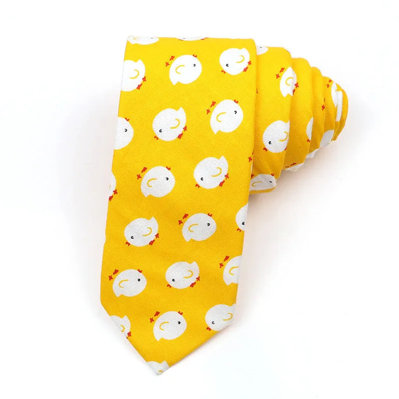 Narrow Korean-style cotton bow tie with a printed cartoon pattern.