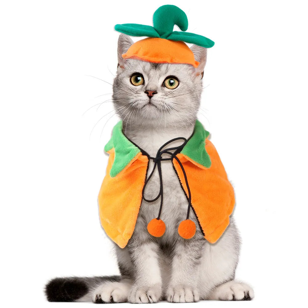 Reversible pet Halloween cloak for dogs and cats in plush fabric with pumpkin patterns