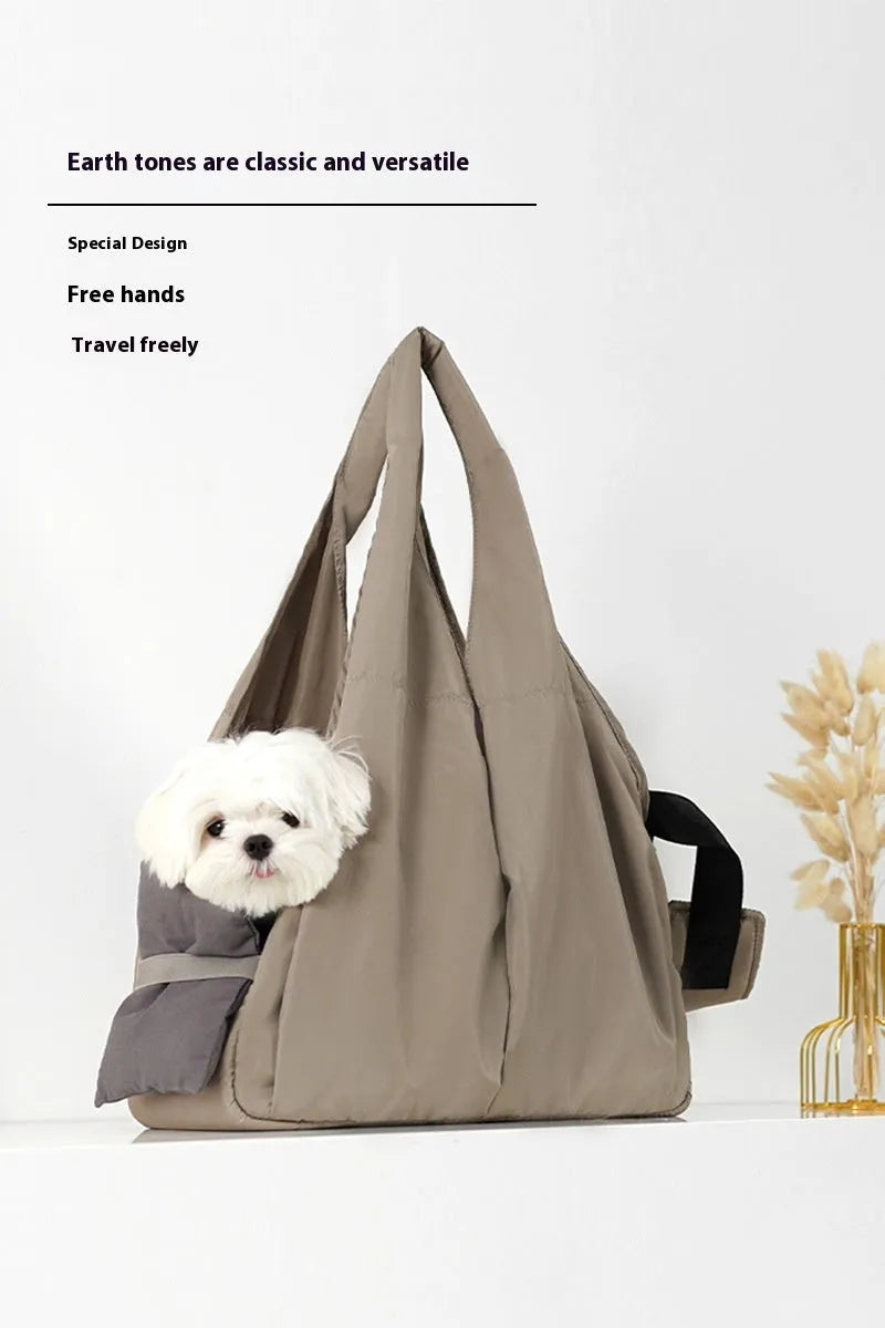 Apricot cloth pet carrier handbag showing 41 cm length and carry handle