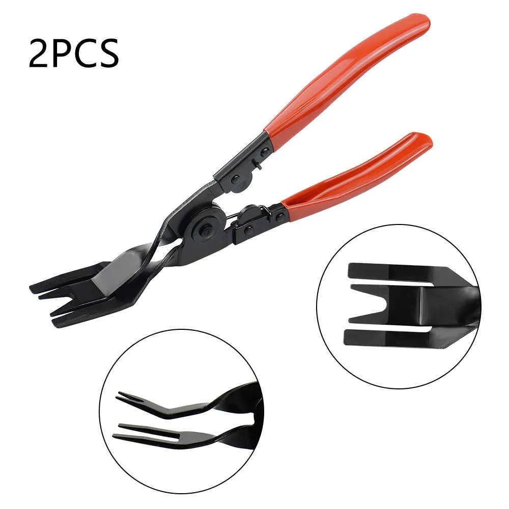 Red-handled steel automotive trim removal pliers for General Motors door panels.